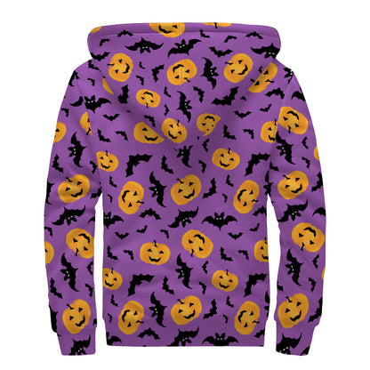 Halloween Bat And Pumpkin Pattern Print Sherpa Lined Zip Up Hoodie