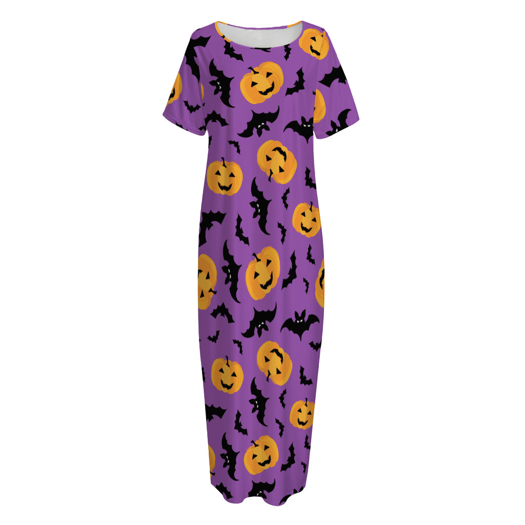 Halloween Bat And Pumpkin Pattern Print Short Sleeve Long Nightdress