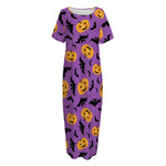 Halloween Bat And Pumpkin Pattern Print Short Sleeve Long Nightdress