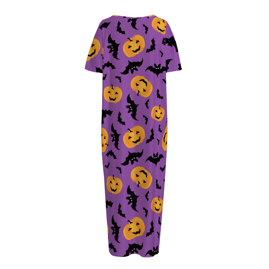 Halloween Bat And Pumpkin Pattern Print Short Sleeve Long Nightdress