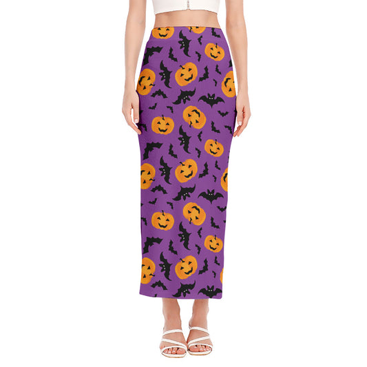 Halloween Bat And Pumpkin Pattern Print Side Slit Maxi Skirt
