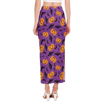 Halloween Bat And Pumpkin Pattern Print Side Slit Maxi Skirt