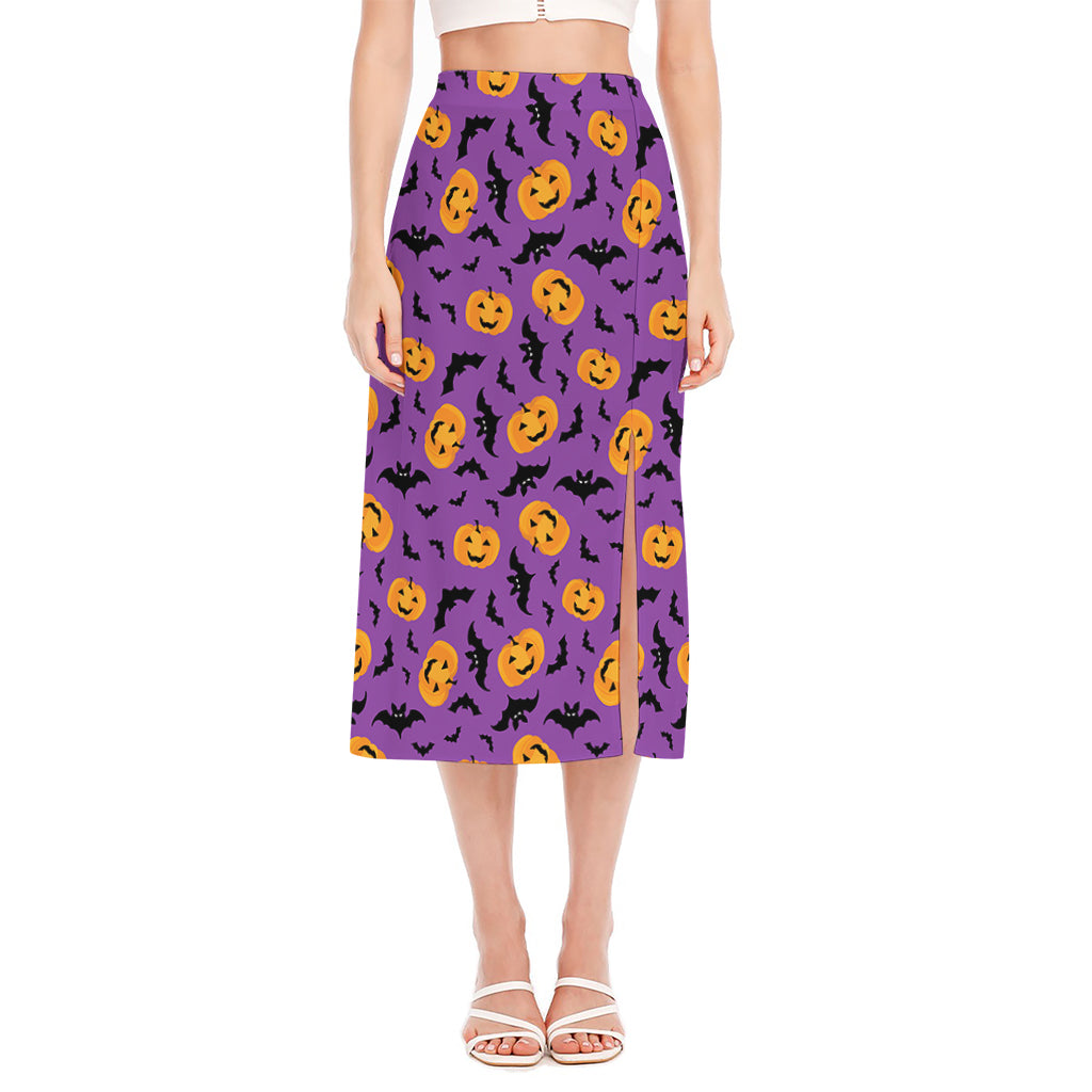 Halloween Bat And Pumpkin Pattern Print Side Slit Midi Skirt