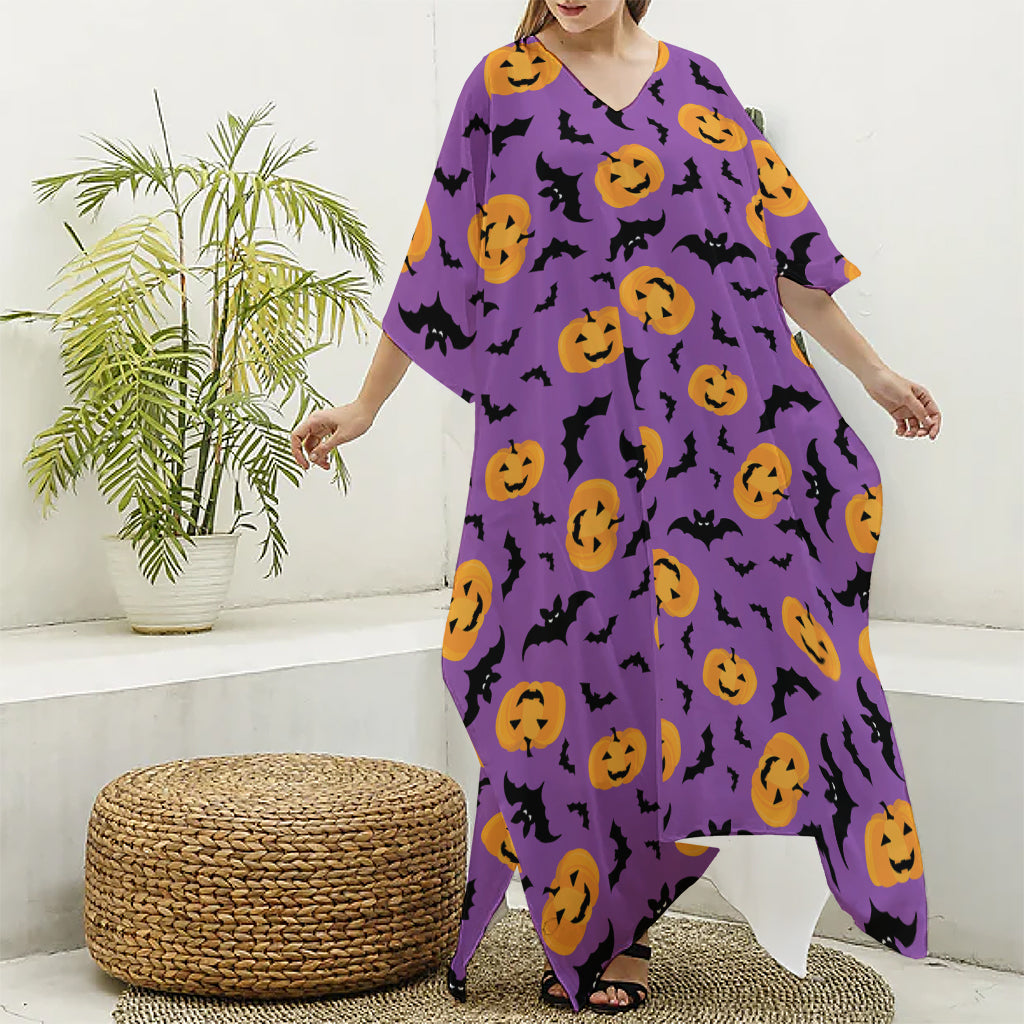 Halloween Bat And Pumpkin Pattern Print Silk V-Neck Kaftan Dress