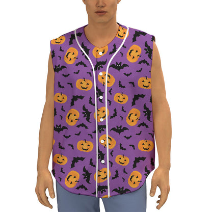 Halloween Bat And Pumpkin Pattern Print Sleeveless Baseball Jersey