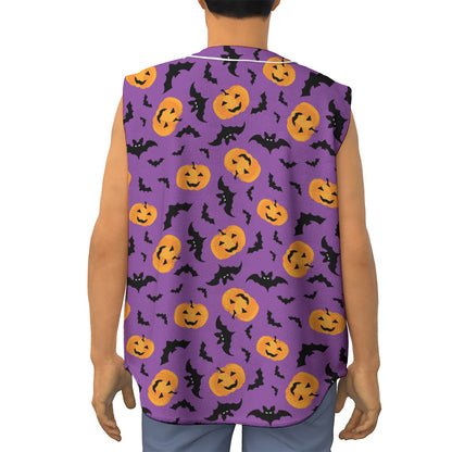 Halloween Bat And Pumpkin Pattern Print Sleeveless Baseball Jersey