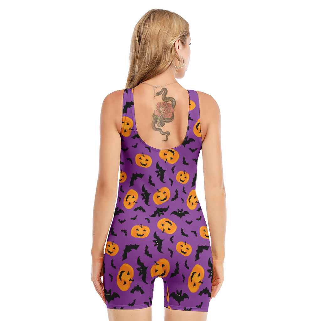 Halloween Bat And Pumpkin Pattern Print Sleeveless One Piece Swimsuit