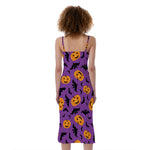 Halloween Bat And Pumpkin Pattern Print Slim Fit Midi Cami Dress