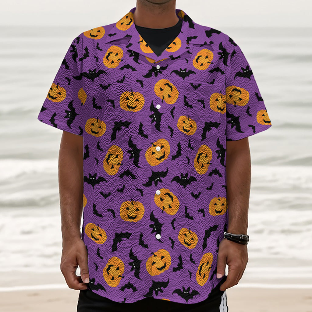 Halloween Bat And Pumpkin Pattern Print Textured Short Sleeve Shirt