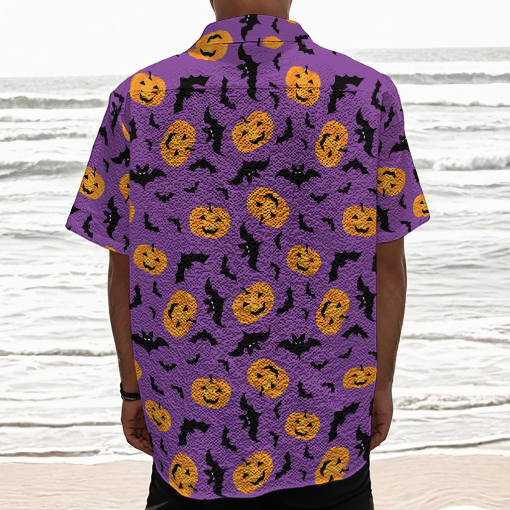 Halloween Bat And Pumpkin Pattern Print Textured Short Sleeve Shirt