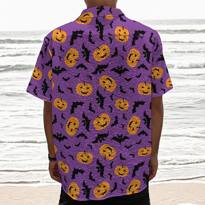 Halloween Bat And Pumpkin Pattern Print Textured Short Sleeve Shirt