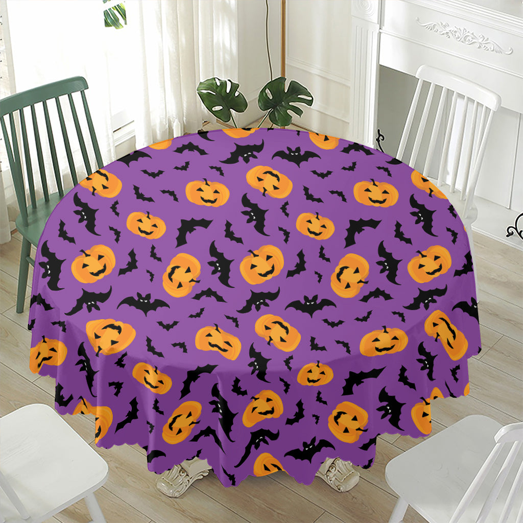 Halloween Bat And Pumpkin Pattern Print Waterproof Round Tablecloth