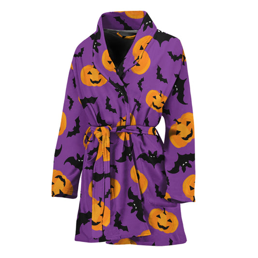Halloween Bat And Pumpkin Pattern Print Women's Bathrobe
