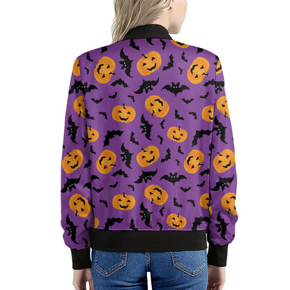 Halloween Bat And Pumpkin Pattern Print Women's Bomber Jacket