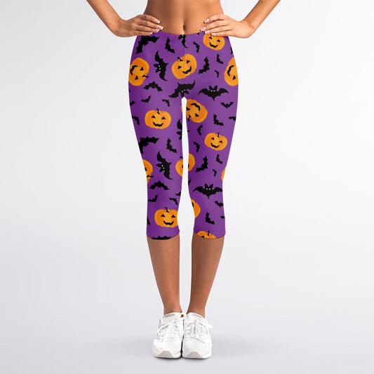 Halloween Bat And Pumpkin Pattern Print Women's Capri Leggings