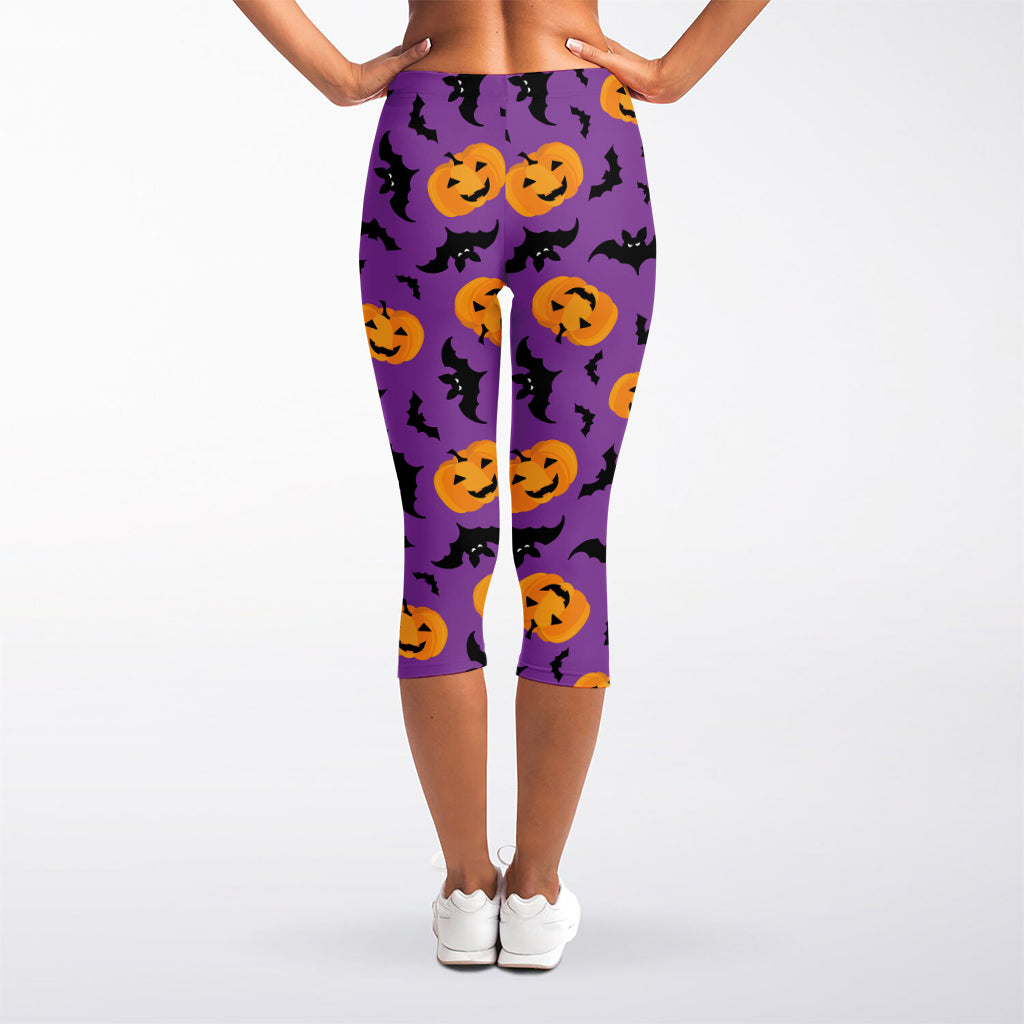 Halloween Bat And Pumpkin Pattern Print Women's Capri Leggings