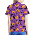 Halloween Bat And Pumpkin Pattern Print Women's Polo Shirt