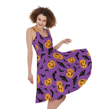 Halloween Bat And Pumpkin Pattern Print Women's Sleeveless Dress
