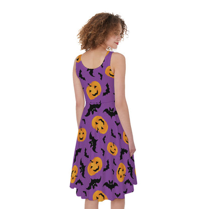 Halloween Bat And Pumpkin Pattern Print Women's Sleeveless Dress