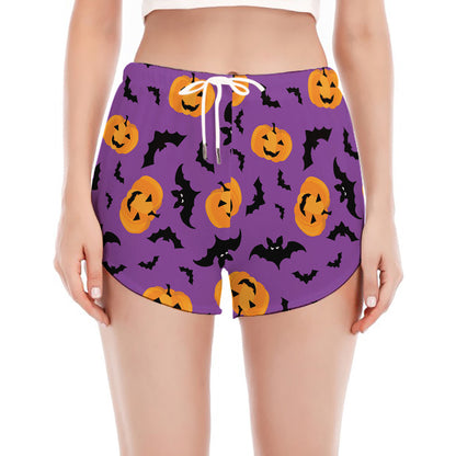 Halloween Bat And Pumpkin Pattern Print Women's Split Running Shorts