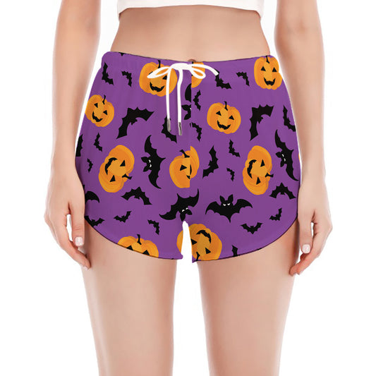 Halloween Bat And Pumpkin Pattern Print Women's Split Running Shorts
