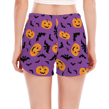 Halloween Bat And Pumpkin Pattern Print Women's Split Running Shorts