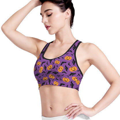 Halloween Bat And Pumpkin Pattern Print Women's Sports Bra