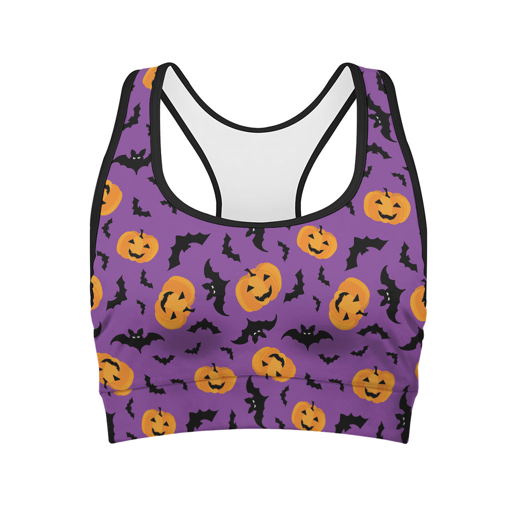 Halloween Bat And Pumpkin Pattern Print Women's Sports Bra