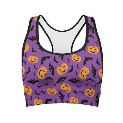 Halloween Bat And Pumpkin Pattern Print Women's Sports Bra