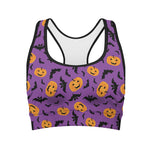 Halloween Bat And Pumpkin Pattern Print Women's Sports Bra