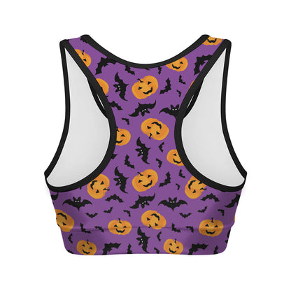 Halloween Bat And Pumpkin Pattern Print Women's Sports Bra
