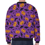 Halloween Bat And Pumpkin Pattern Print Zip Sleeve Bomber Jacket