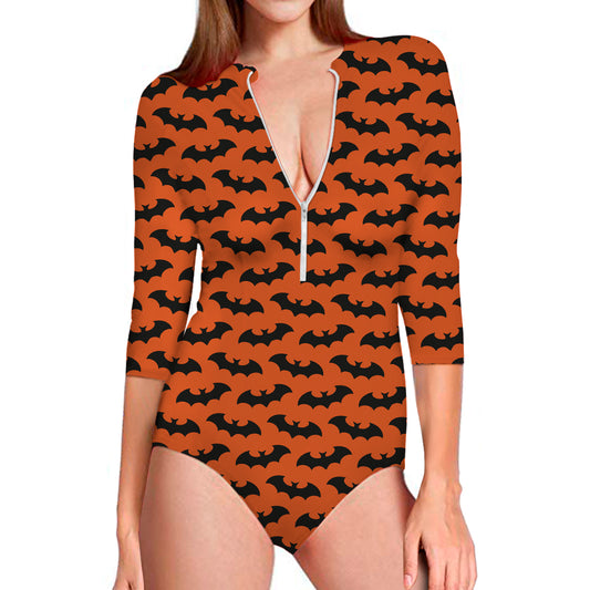 Halloween Bat Pattern Print Long Sleeve Swimsuit