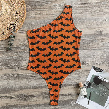 Halloween Bat Pattern Print One Shoulder Bodysuit