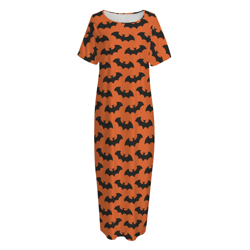 Halloween Bat Pattern Print Short Sleeve Long Nightdress