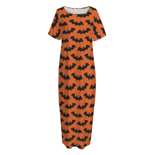 Halloween Bat Pattern Print Short Sleeve Long Nightdress
