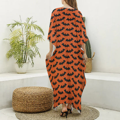 Halloween Bat Pattern Print Silk V-Neck Kaftan Dress