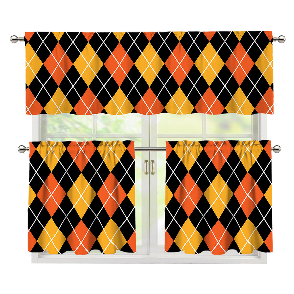 Halloween Black And Orange Argyle Print 3 Piece Kitchen Curtains