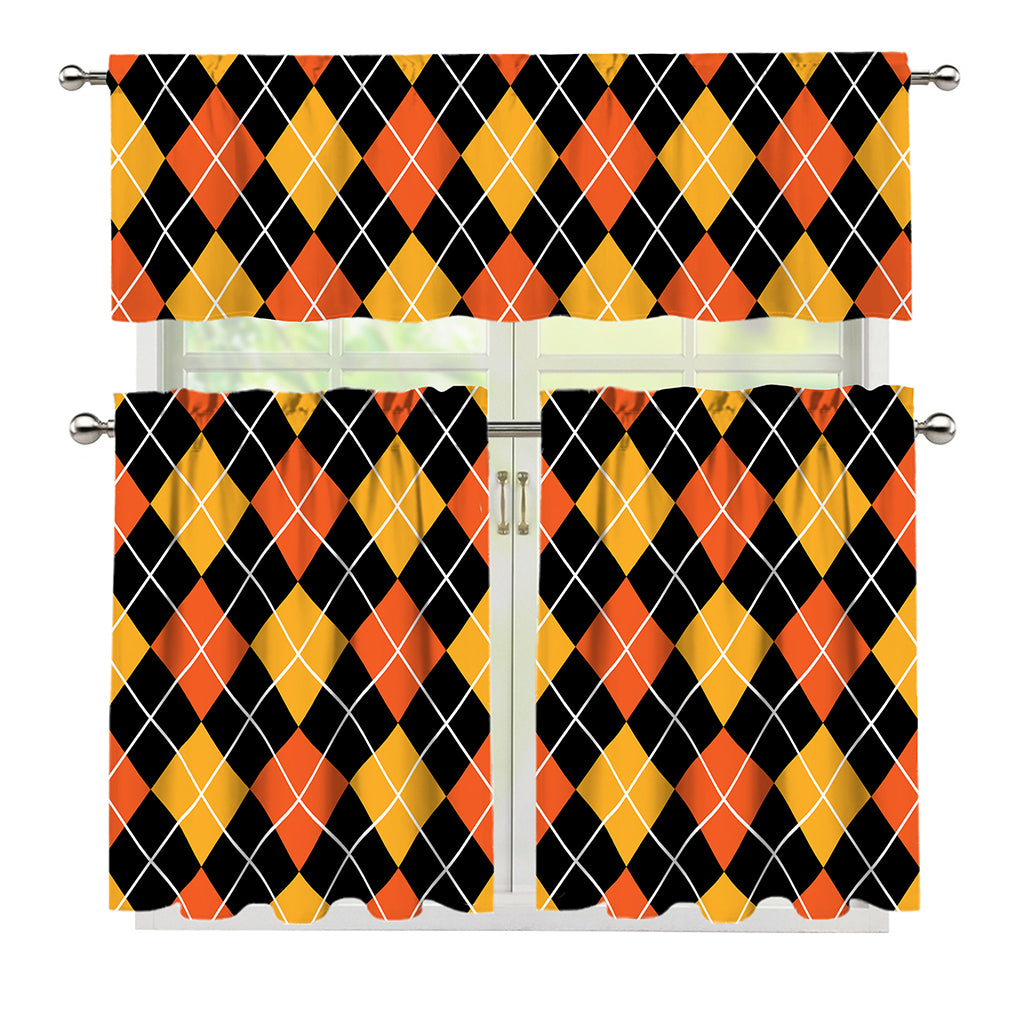 Halloween Black And Orange Argyle Print 3 Piece Kitchen Curtains