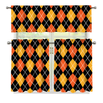 Halloween Black And Orange Argyle Print 3 Piece Kitchen Curtains