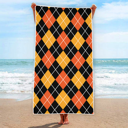 Halloween Black And Orange Argyle Print Beach Towel