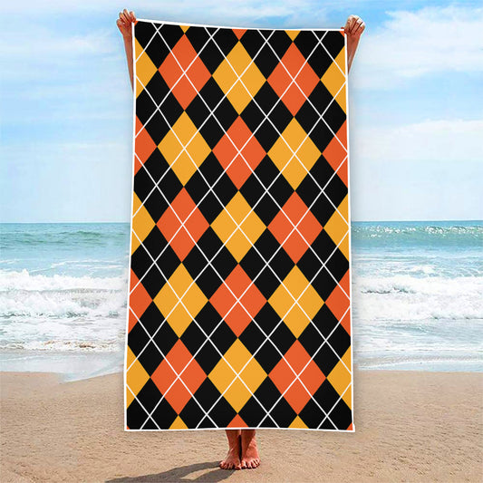 Halloween Black And Orange Argyle Print Beach Towel