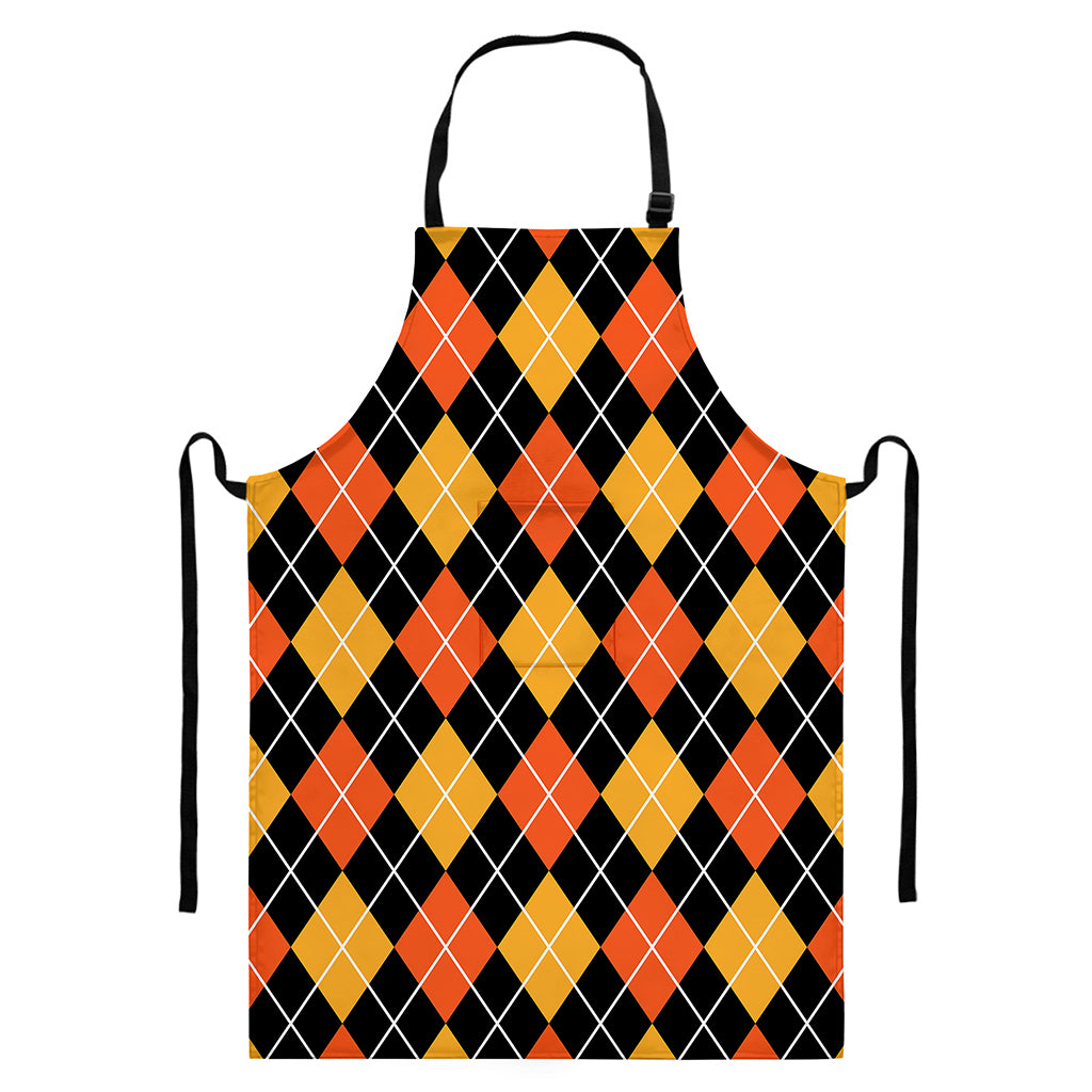 Halloween Black And Orange Argyle Print Bib Apron With Pocket