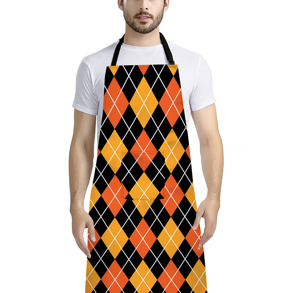 Halloween Black And Orange Argyle Print Bib Apron With Pocket