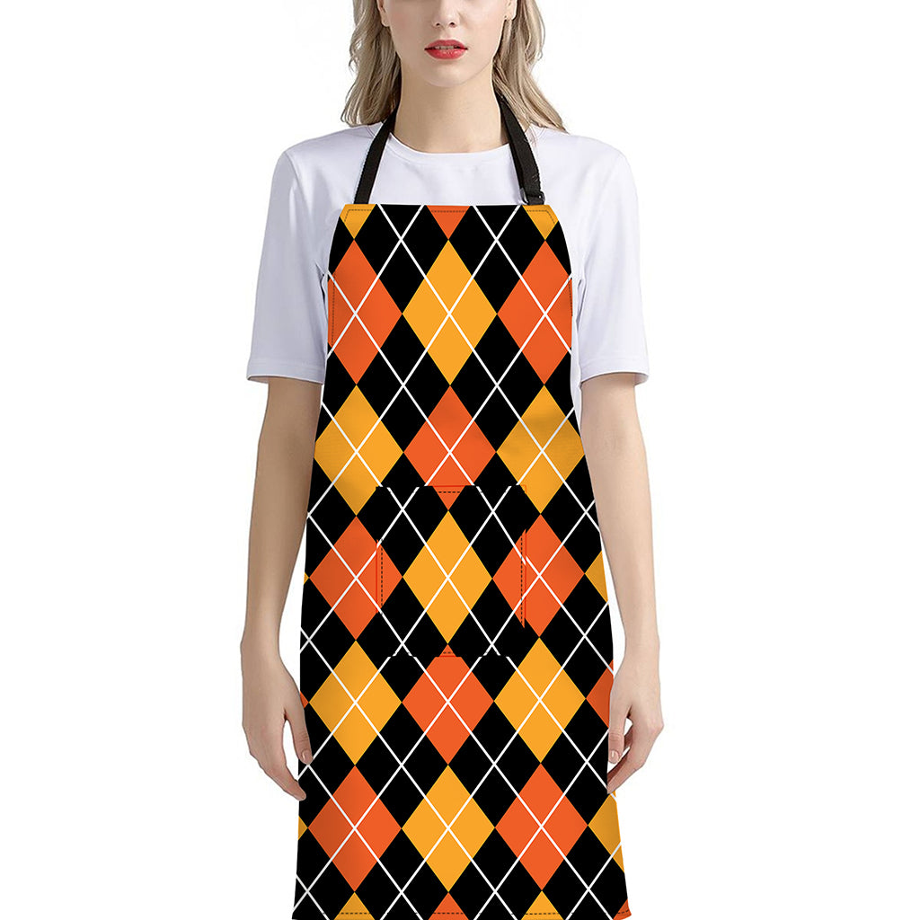 Halloween Black And Orange Argyle Print Bib Apron With Pocket