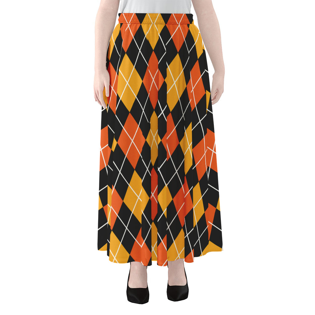 Halloween Black And Orange Argyle Print Chiffon Maxi Skirt