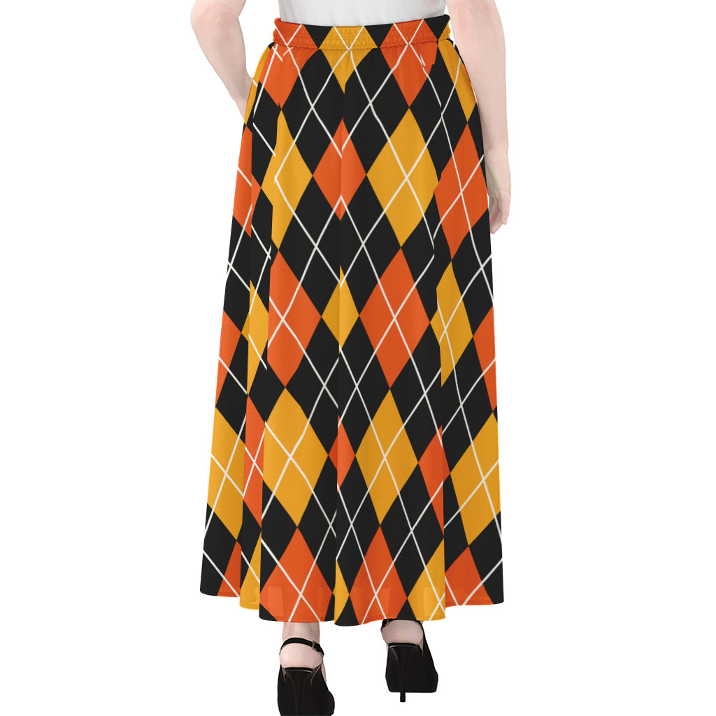 Halloween Black And Orange Argyle Print Chiffon Maxi Skirt