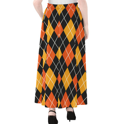 Halloween Black And Orange Argyle Print Chiffon Maxi Skirt
