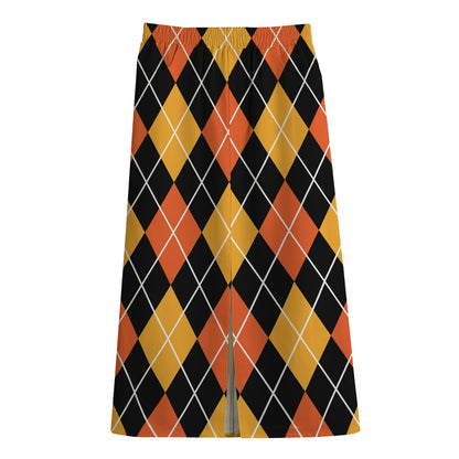 Halloween Black And Orange Argyle Print Cotton Front Slit Maxi Skirt