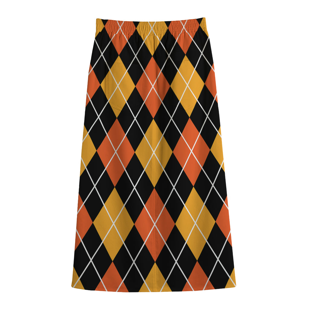 Halloween Black And Orange Argyle Print Cotton Front Slit Maxi Skirt